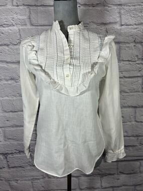 Vintage 80's lightweight soft cotton pintuck bibbed blouse with ruffle detail
